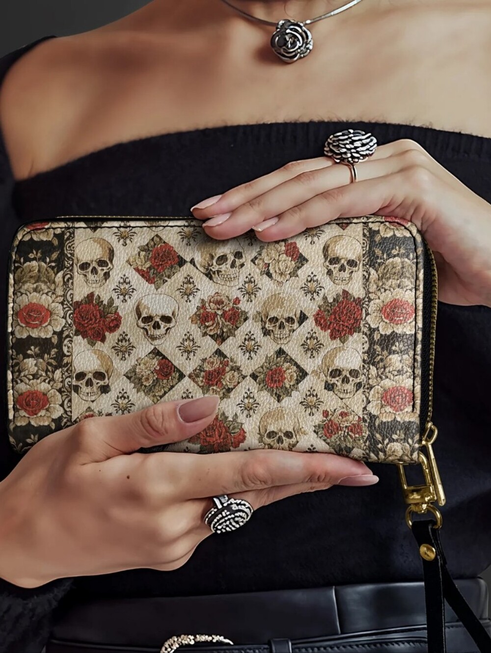 Skullette Mournaire Skull & Roses Vegan Faux Leather Long Wristlet Wallet NEW!